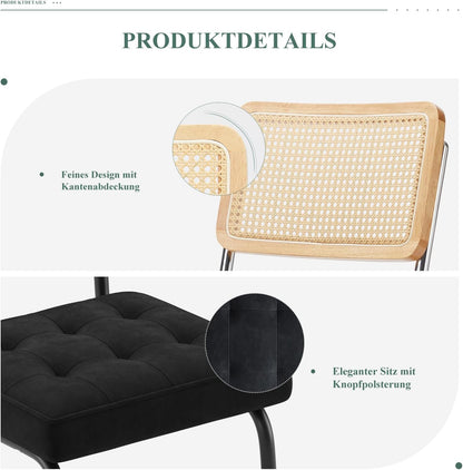 COLAMY Rotan eettafelstoelen, set van 2, fluwelen bekleding met metalen frame, zwart