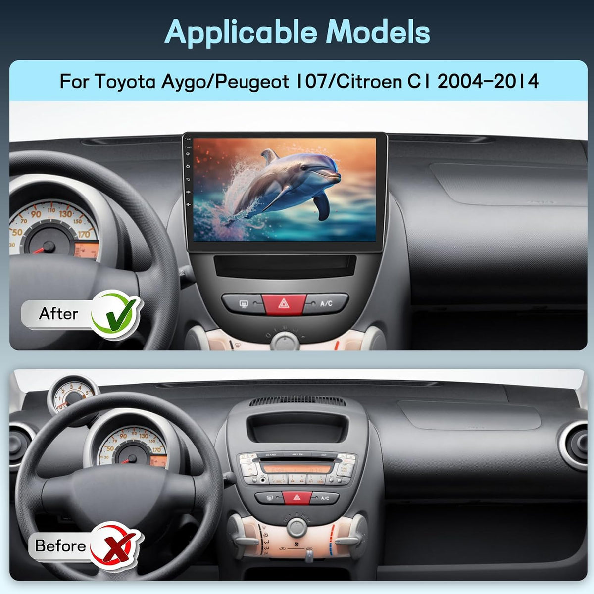 8 Core 4G+64G Qualcomm Car Stereo for Toyota Aygo/Peugeot 107/Citroen C1 2004-2014 with Wireless CarPlay Android Auto, Android 15 10.1'' Touchscreen Radio with WiFi, GPS, Bluetooth 5.1, FM/RDS, DSP