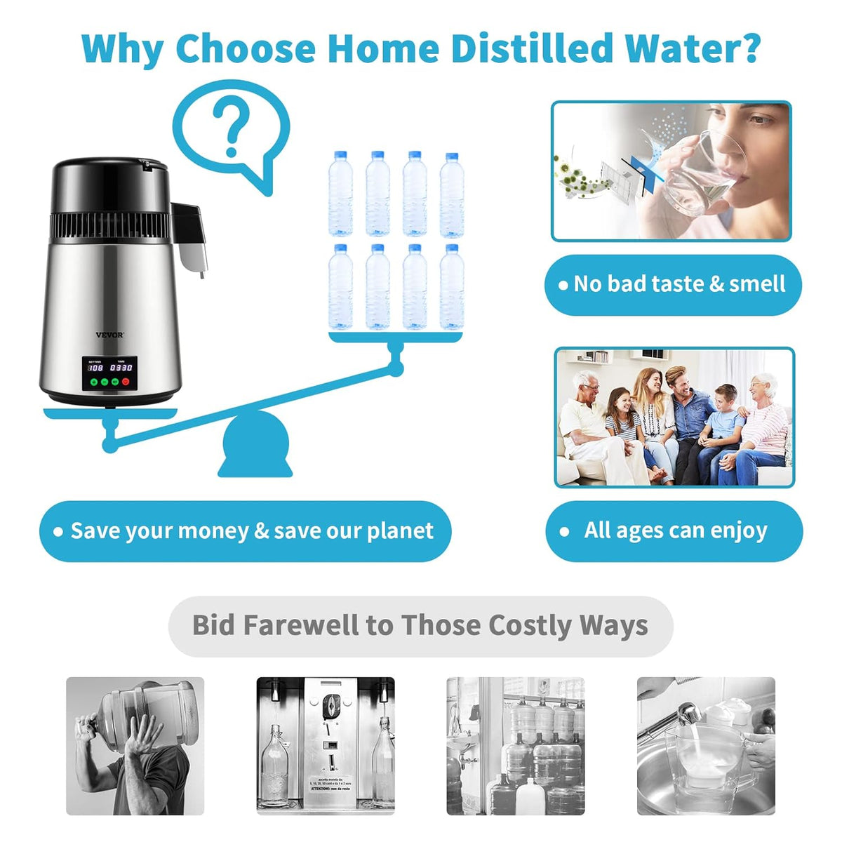 VEVOR Water Distillator, Tube Volume 4 L, 750 W, Water Distillator, 1 L/h, with Silver Glass Container for Kitchen, Office, Lab, Hospital, Dental Clinics, etc.