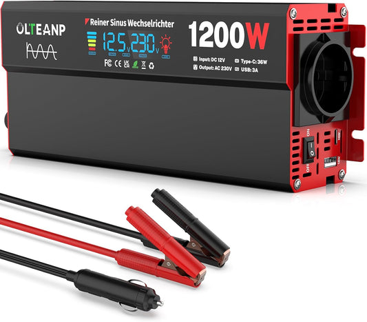 Omvormer 12V naar 230V zuivere sinusgolf, spanningsomvormer 1200W met LCD-scherm, AC-aansluitingen, 36W Type-C aansluiting, 5V/3A USB-aansluiting voor vrachtwagens, huizen, voertuigen