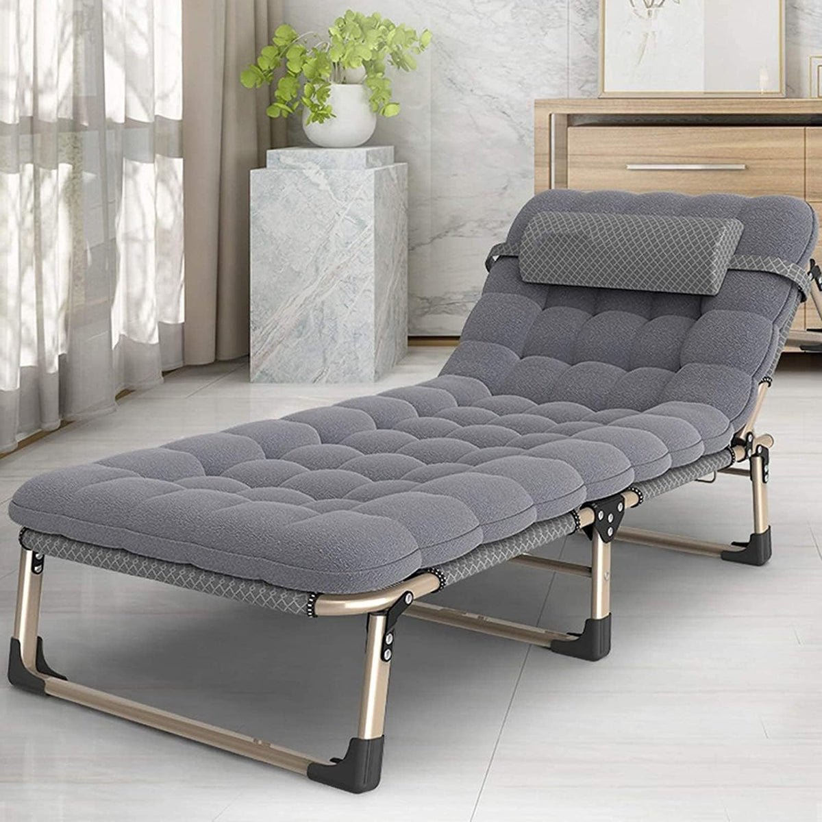Folding Chair Outdoor Folding Sun Loungers Adult Camping Bed, Can Lie Flat Office Lounge Chairs, Garden Chairs Armchair (Color : Chair+Grey Cotton Pad) - QUORE