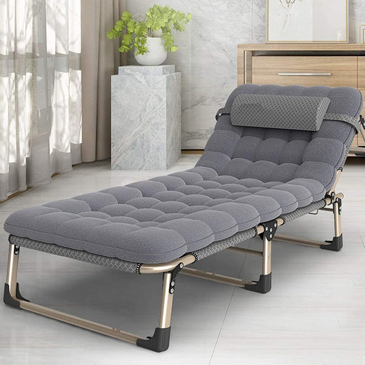 Folding Chair Outdoor Folding Sun Loungers Adult Camping Bed, Can Lie Flat Office Lounge Chairs, Garden Chairs Armchair (Color : Chair+Grey Cotton Pad) - QUORE