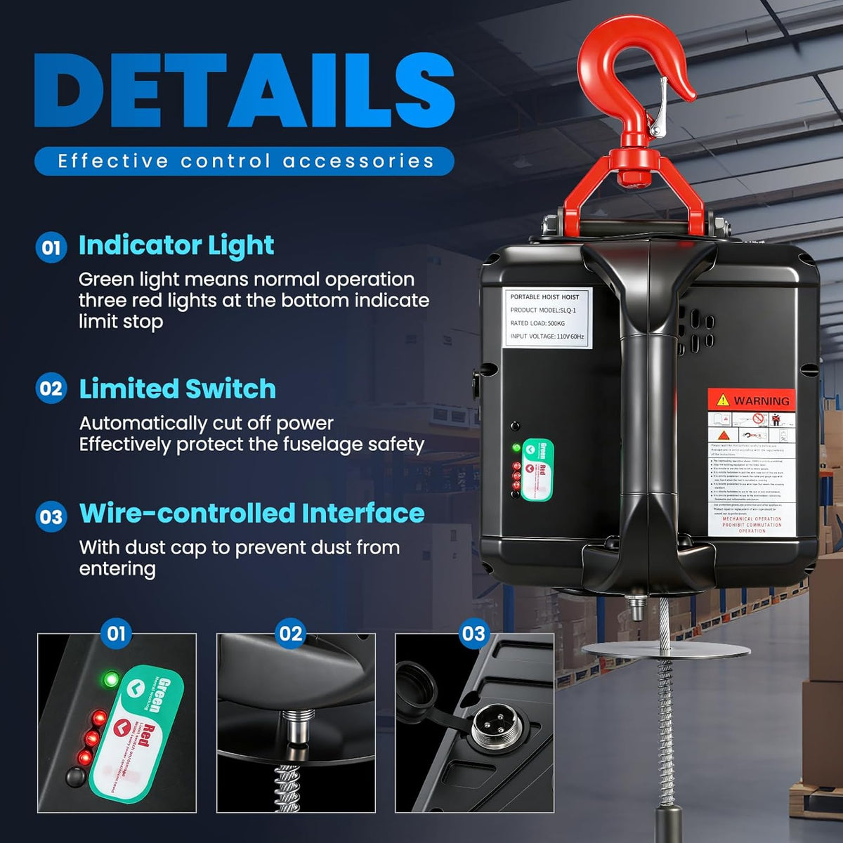 NEWTRY 3 in 1 Elektrische Hijstoestel Lift Kraan 500 KG/1500 LB Draadloze Afstandsbediening 7.6 m/25ft 1500 W Elektrische Lier Overhead Lift met Overbelasting Bescherming (Load 500 KG)