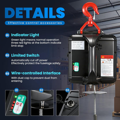 NEWTRY 3 in 1 Elektrische Hijstoestel Lift Kraan 500 KG/1500 LB Draadloze Afstandsbediening 7.6 m/25ft 1500 W Elektrische Lier Overhead Lift met Overbelasting Bescherming (Load 500 KG)