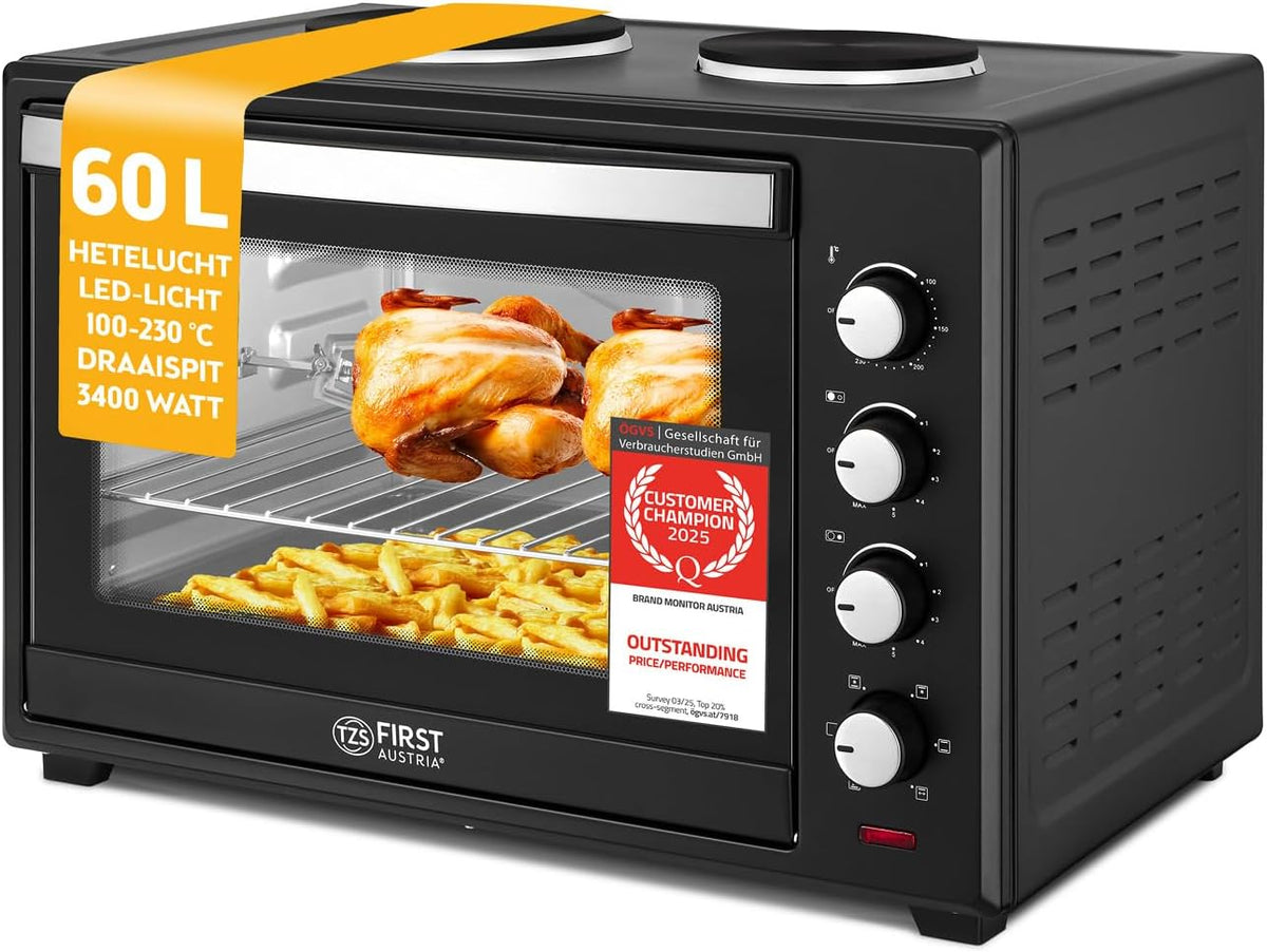 TZS First Austria - Minibakoven met kookplaten 60L 3200 W - Mini oven pizzaoven met kookplaten tot 230°C & 6 verwarmingsmodi - Minioven combi-apparaat met 4 inschuifhoogtes & hoogwaardig accessoires