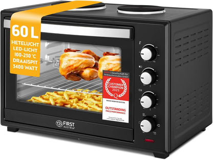 TZS First Austria - Minibakoven met kookplaten 60L 3200 W - Mini oven pizzaoven met kookplaten tot 230°C & 6 verwarmingsmodi - Minioven combi-apparaat met 4 inschuifhoogtes & hoogwaardig accessoires