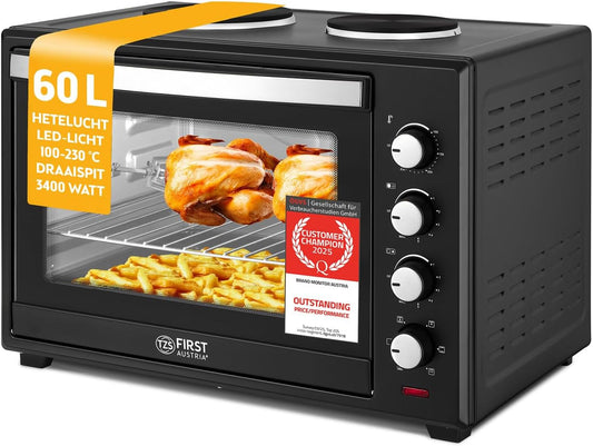 TZS First Austria - Minibakoven met kookplaten 60L 3200 W - Mini oven pizzaoven met kookplaten tot 230°C & 6 verwarmingsmodi - Minioven combi-apparaat met 4 inschuifhoogtes & hoogwaardig accessoires