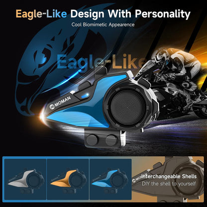 Moman Motorfiets Intercom, H2E Eagle-Like Helm Headset Communicatie Systeem met Dual Chip voor Audio Multitasking HiFi/Muziek delen/FM/AI Voice (2Pack), Motorfiets-Intercom-Helm-Headset-Hoofdtelefoon