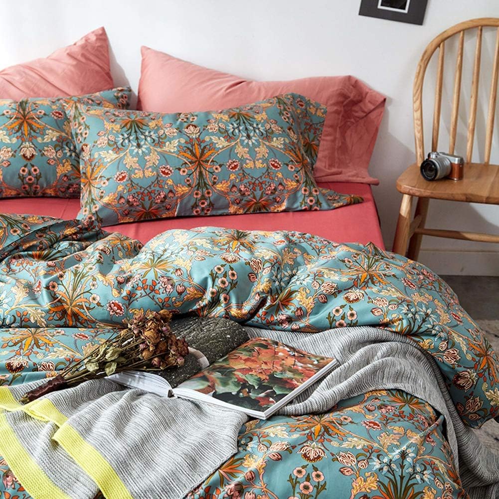 VM VOUGEMARKET Bohemen dekbedovertrekset, kingsize, 3-delig, langstapelig, katoenen dekbedovertrek met ritssluiting, groengouden elegante beddengoedset, Carol, King
