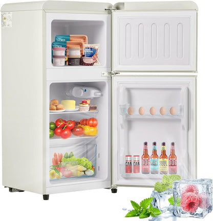 Compact retro refrigerator with freezer compartment, 60 litres total volume (22 l freezer/38 l refrigerator compartment), energy class E, cream white, 89 cm height, quiet 45 dB, 7 temperature levels - QUORE