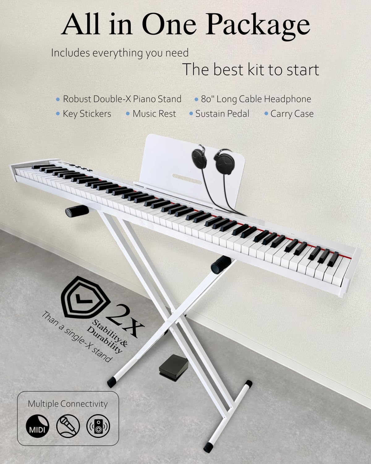 Digitale Piano Wit – Elektrisch Keyboard – Piano-Keyboard – Elektrische Piano – 88-Toetsen Keyboard – 88 Semi-Gewogen Full-Size Toetsen – Complete Beginnerset Met Draagtas, Muziekstandaard, Sustainpedaal En Hoofdtelefoon
