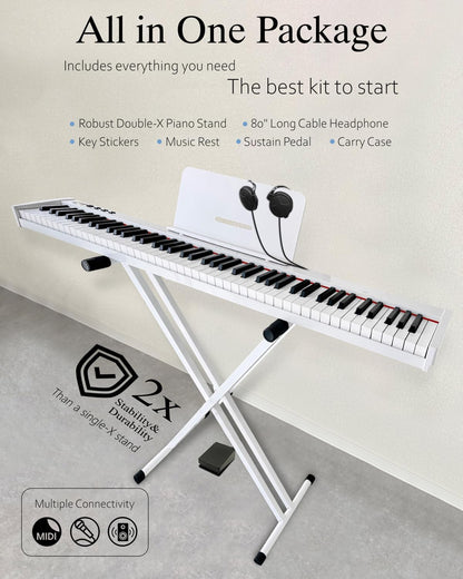Digitale Piano Wit – Elektrisch Keyboard – Piano-Keyboard – Elektrische Piano – 88-Toetsen Keyboard – 88 Semi-Gewogen Full-Size Toetsen – Complete Beginnerset Met Draagtas, Muziekstandaard, Sustainpedaal En Hoofdtelefoon
