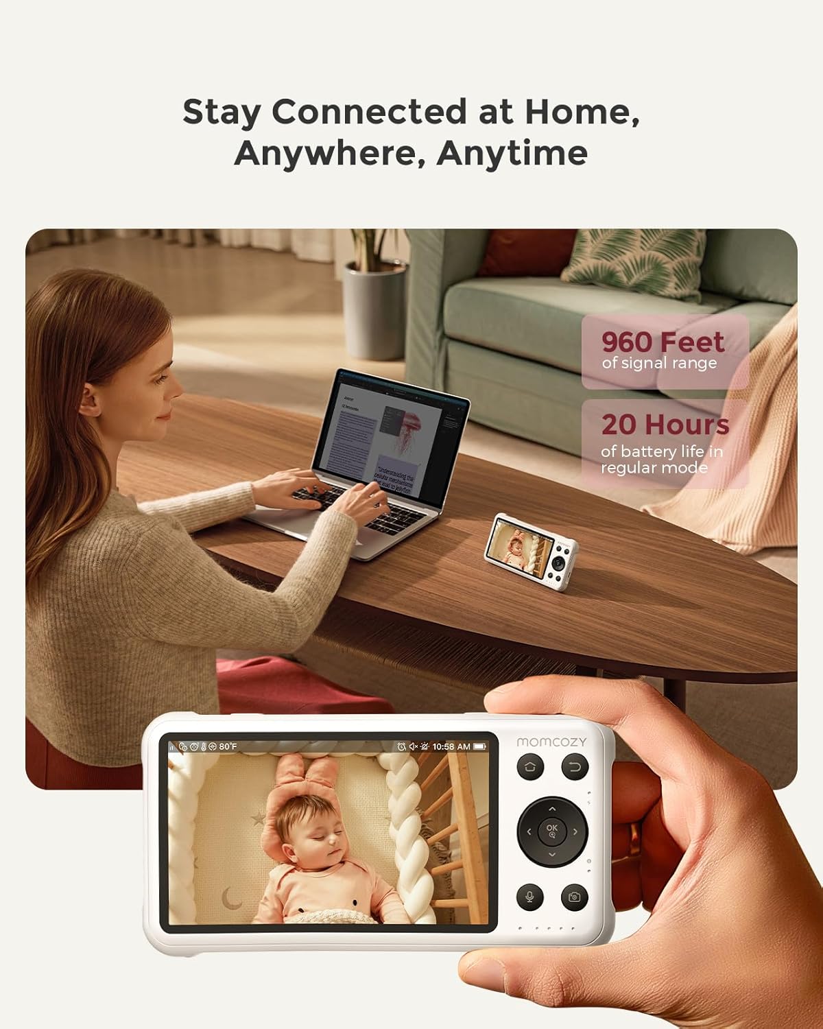 Momcozy BM04 Babyfoon met camera-app, 5 inch wifi-video-babyfoon met camera en audio, 4 x zoom, bewegings- en wijnidentificatie, veilig hek, helder nachtzicht, 2-weg gesprek, foto- en video-opname