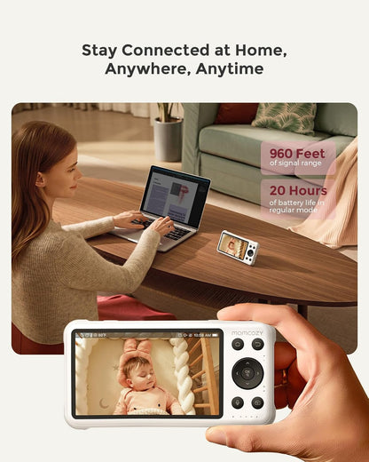 Momcozy BM04 Babyfoon met camera-app, 5 inch wifi-video-babyfoon met camera en audio, 4 x zoom, bewegings- en wijnidentificatie, veilig hek, helder nachtzicht, 2-weg gesprek, foto- en video-opname