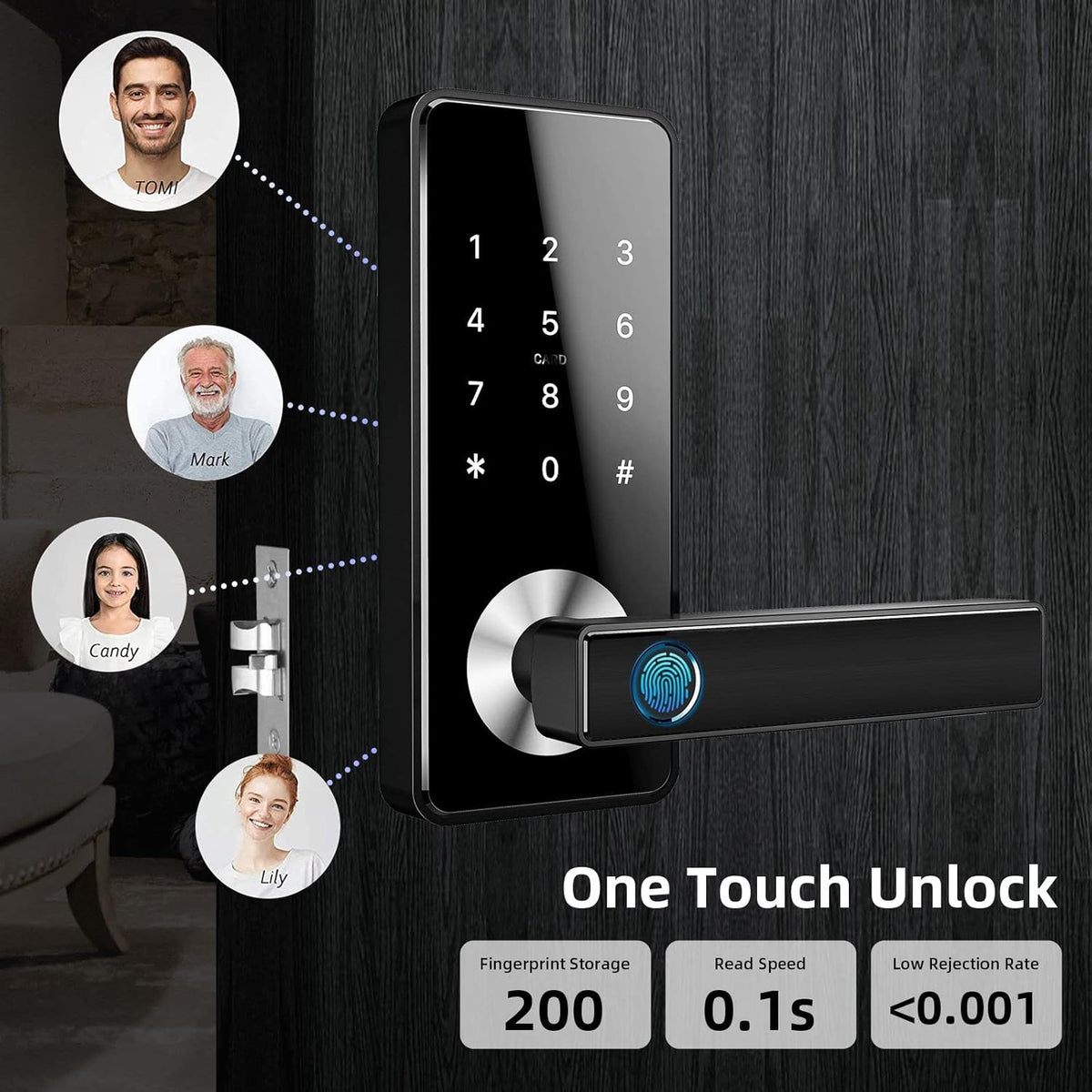 Slimme Vingerafdruk Deurslot met Touchscreen, Keyless Entry Deurslot, WiFi Bluetooth APP Toetsenbord Toegangscode Deurslot Slimme deurslot(zwart)
