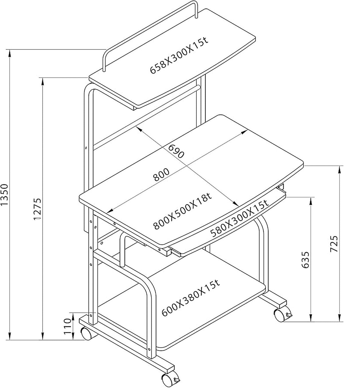 TECHLY ICA-tb 7800bk, metalen computerbureau, MDF (zwart metaal, zwart, metaal, 4 (S), 800 mm, 690 mm)