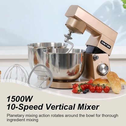 CHeflee Keukenmachine, 1500 W, deegkneedmachine met 4,5 en 5,5 l roestvrijstalen kom, 10+P snelheid, keukenmixer met roerhaak, deeghaak, garde en spatbescherming (goud)