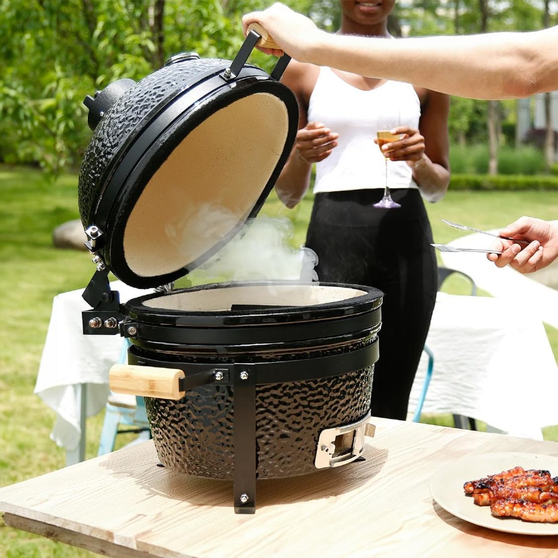 Fresh Grills Kamado BBQ 16 Inch Black Ceramic Mini Oven Barbecue Grill Egg Charcoal Smoker Grate Baking Portable Built-in Thermometer Top and Bottom Air Flow System Outdoor Cooking Camping - QUORE