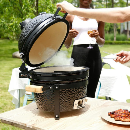 Fresh Grills Kamado BBQ 16 Inch Black Ceramic Mini Oven Barbecue Grill Egg Charcoal Smoker Grate Baking Portable Built-in Thermometer Top and Bottom Air Flow System Outdoor Cooking Camping - QUORE