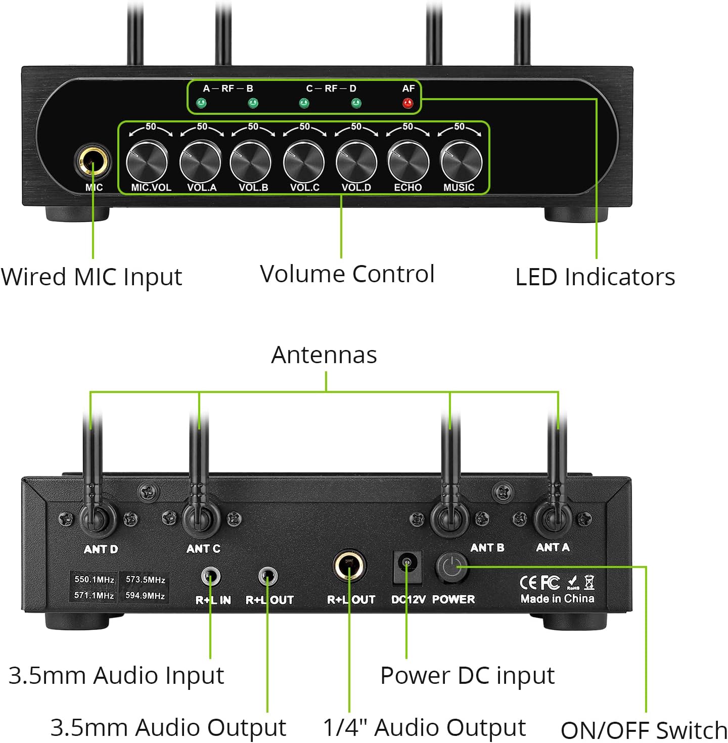 LinKFOR 4-kanaals UHF-microfoonsysteem met 4 draadloze handmicrofoons, 50 x 4 kanalen selecteerbare frequentie, echo, Bluetooth, AUX, ideaal voor DJ, zang, kerk, bruiloften