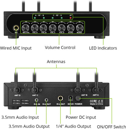 LinKFOR 4-kanaals UHF-microfoonsysteem met 4 draadloze handmicrofoons, 50 x 4 kanalen selecteerbare frequentie, echo, Bluetooth, AUX, ideaal voor DJ, zang, kerk, bruiloften