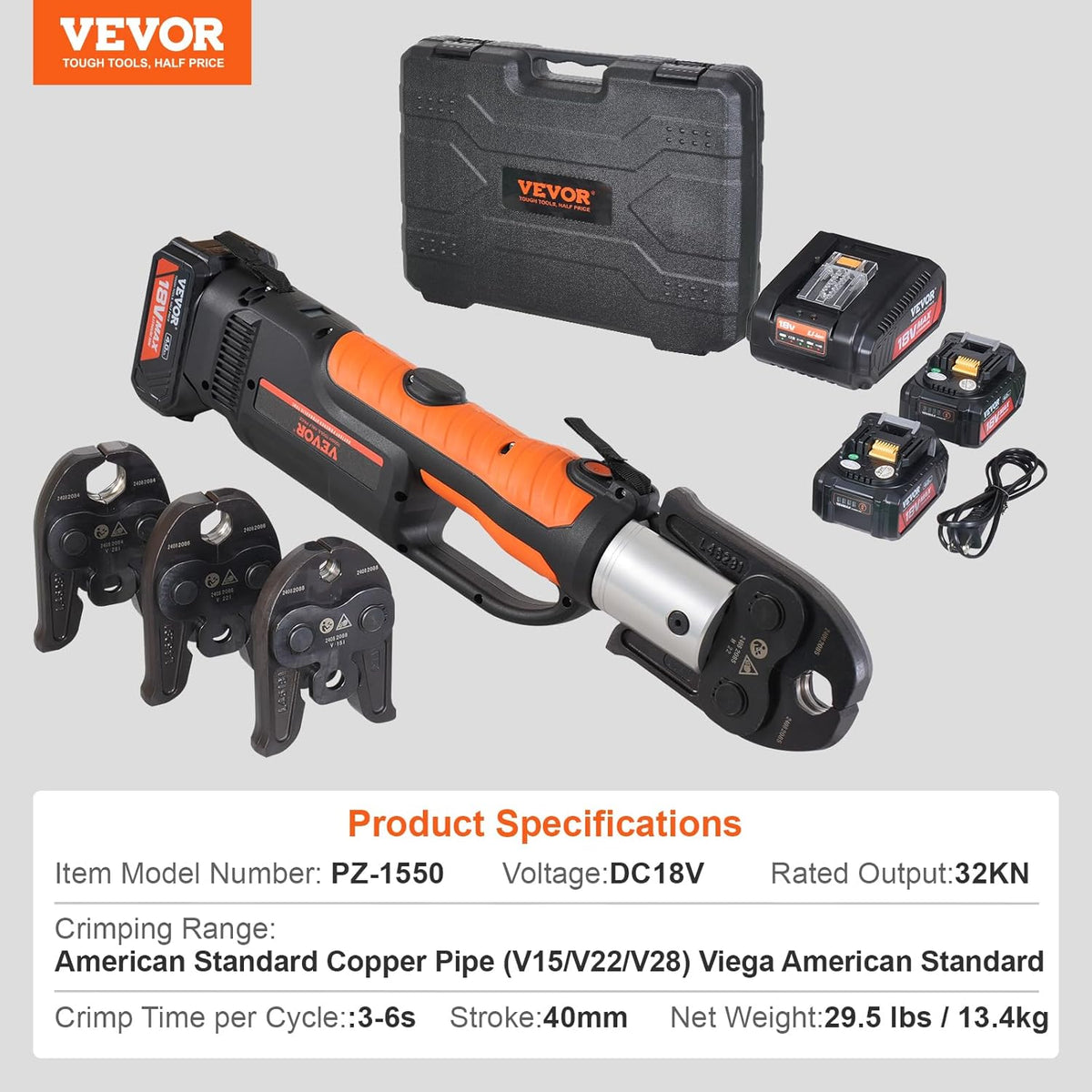 VEVOR Press tool and battery set, power tool for crimping pipes with jaws V15, V22, V28, 2 battery presses 18 V 4.0 Ah, quick charger and transport bag
