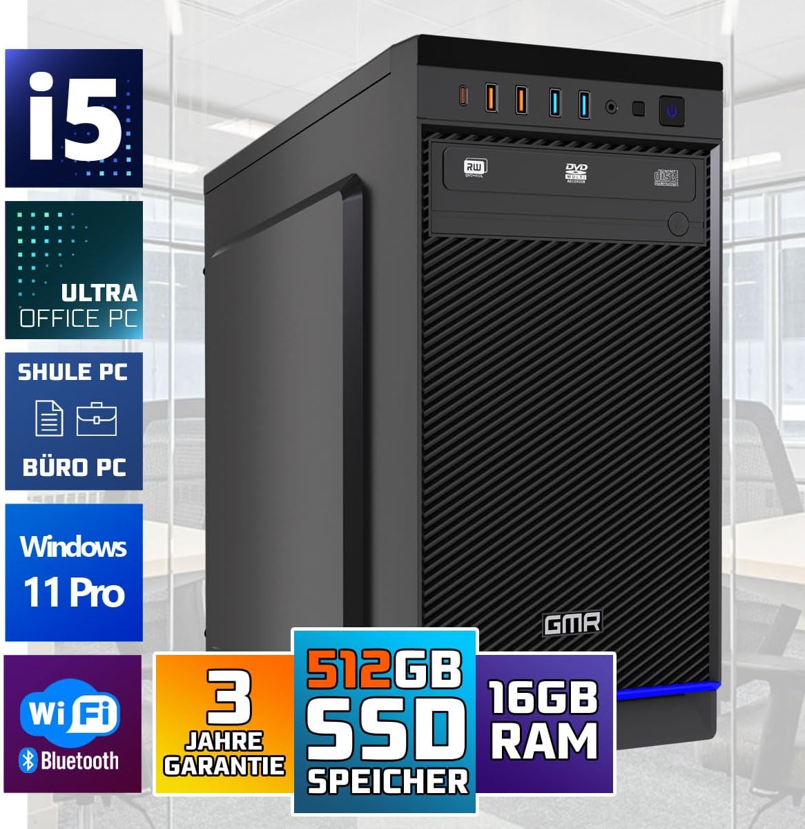 GMR Ultra i5 Office PC - Business Office Computer | 16 GB RAM | 512 GB SSD M.2 | DVD±RW | USB 3 | Windows 11 Pro | WiFi Bluetooth