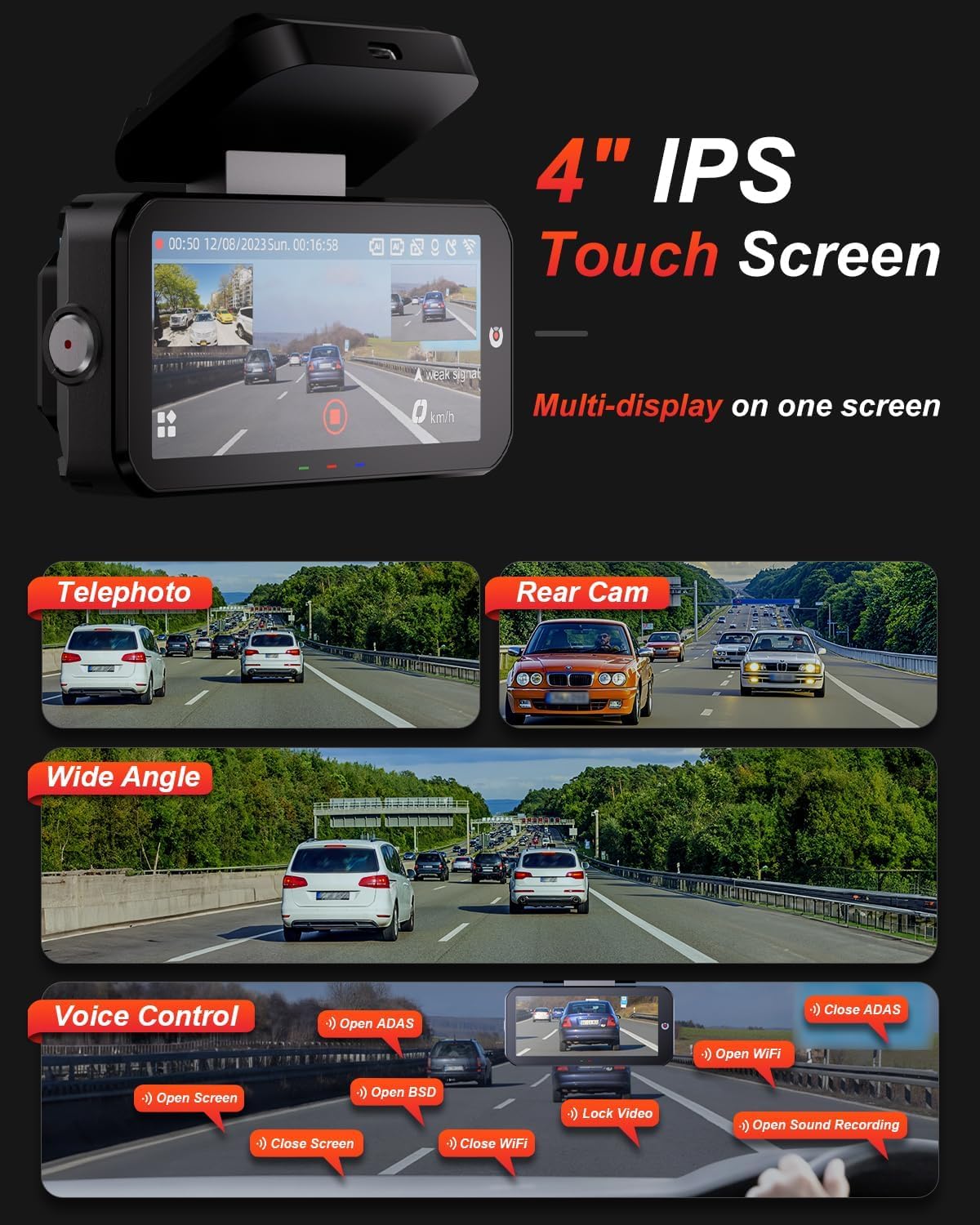 AKEEYO-EYES 2K 5 GHz WiFi dashcam voor en achter, 4 inch IPS touchscreen, dashcamera voor auto, 3 kanalen dashcam, GPS, ADAS & BSD, nachtzicht, WDR, spraakbediening, app, G-sensor, 24H parkeermodus +