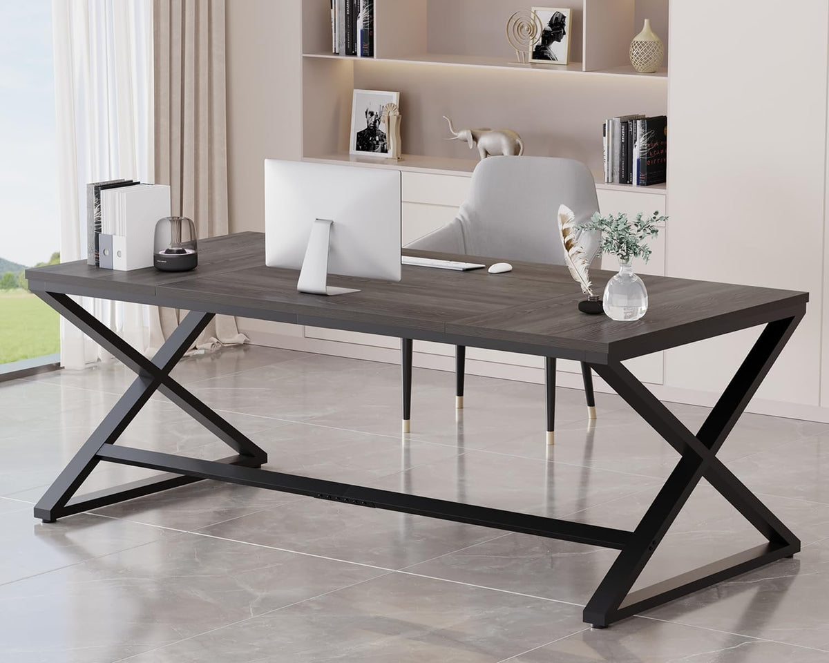 LVB Rustiek Groot Bureau voor Thuiskantoor, 70.8" LW Computerbureau, Houten Metalen Werktafel voor Studie Schrijven Gamen, Boerderij Dual Monitor Workstation Executive Computer Desk, Donker
