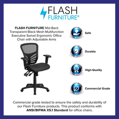 Flash Furniture Mid-Back Transparante Zwarte Mesh Multifunctionele Executive Draaibare Ergonomische Bureaustoel met Verstelbare Armen, Metaal, 58.42 x 72.39 x 111.13 cm
