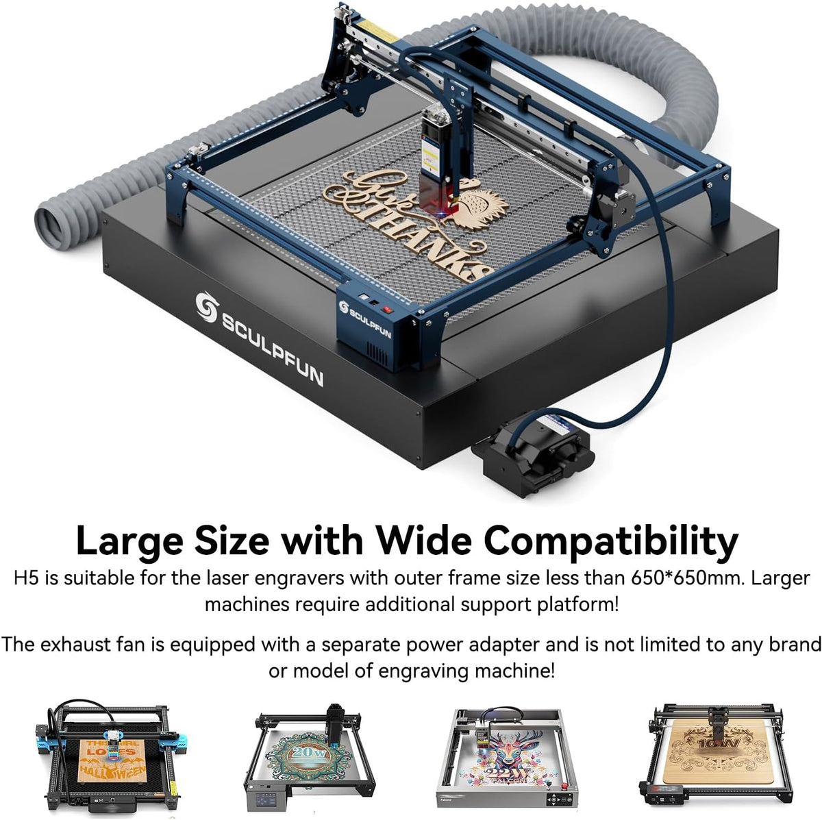 SCULPFUN H5 Lasersnijtafel met honingraatstructuur, 650 x 650 mm rookafzuiging en anti-ag-design voor S9, S10, S30 PRO Ultra SF A9, 40 W lasergraveermachine