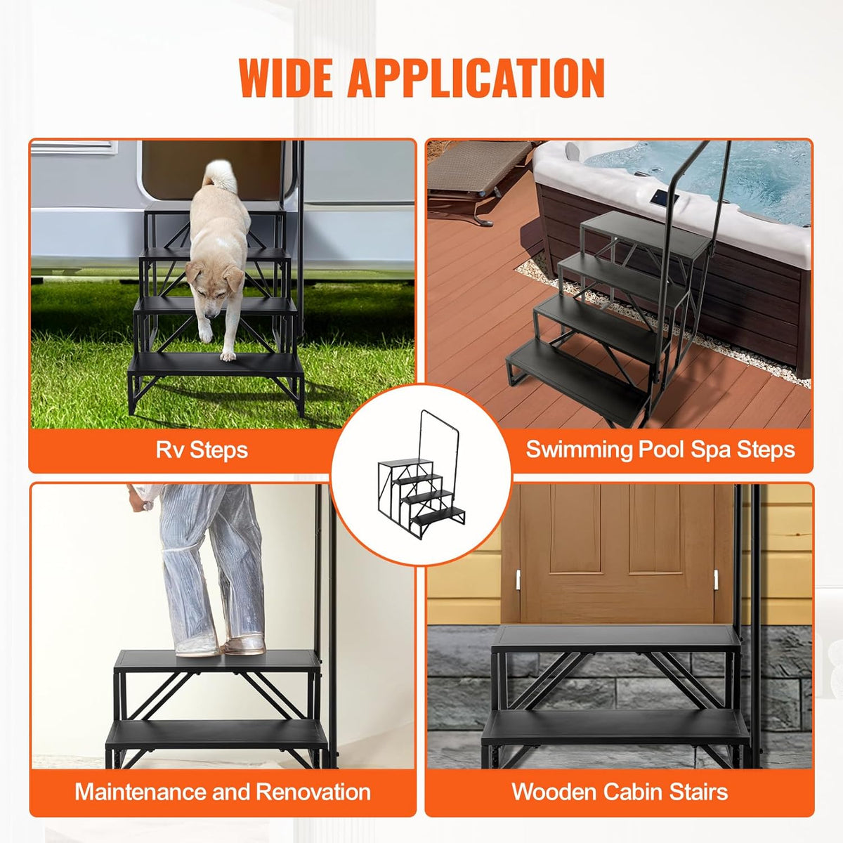 VEVOR Campertrappen, 4-traps RV-trap, 400 lbs draagvermogen, verdikt koolstofstaal, met leuning, antislip treden voor veilige in- en uitgang, pak voor camper, aanhangwagen, campertrap