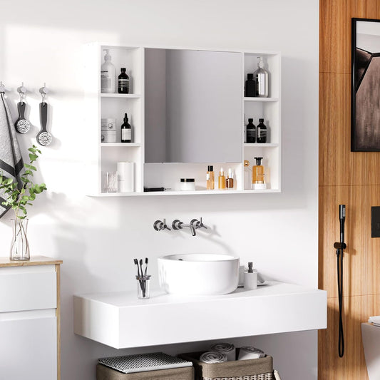 Badkamerkast met Spiegel – Spiegelkast – Wandkast – Opbergkast – Badkamermeubel – Wit – Compact Ruimtebesparend Ontwerp – Soft-Close Deuren met 7 Open Planken - QUORE