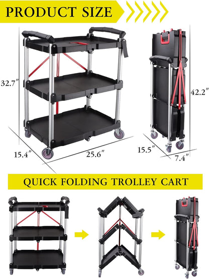 Opvouwbare servicekar met 3 niveaus – Opbergwagen – Serveerwagen – Trolley – Rollende kar – Compact opvouwbaar tot 19 cm – Draagvermogen 74,8 kg