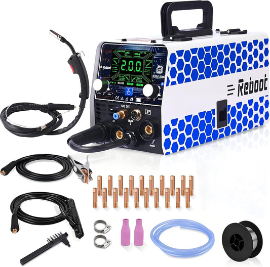 Reboot MIG-lasapparaat 200 A, ideaal voor beginners, 5-in-1 multiprocess-lasmachine (MIG gas/gasless flux core/lift TIG/stick/spot), 230 V omvormer met premium groot led-display - RBM2000 Pro