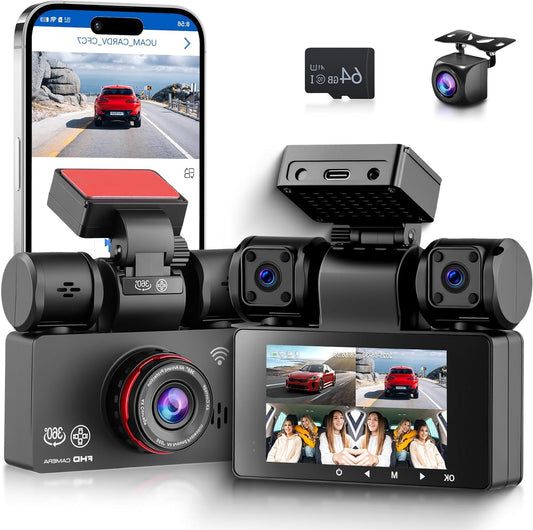 Hodozzy 4 Channel Car Dashcam 360°2K + 1080P Front and Rear Left Right for Car Camera WiFi and App, 3-Inch Screen with Loop Recording, Night Vision G-Sensor Parking Mode + Map, Integrated Stereo - QUORE