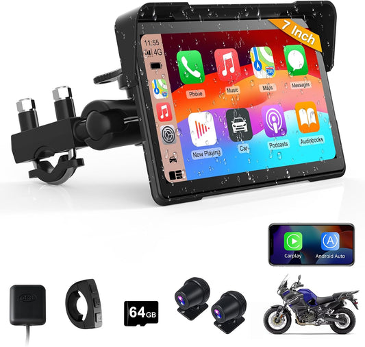 Moto Carplay Écran 7 Pouces Plus Grand 4K+1080P Double Caméra Dash Cam Moto Carplay Android Auto Écran Étanche Carplay Moto Écran GPS Navi Double-Bluetooth Commande Vocale Siri Carte 64GB
