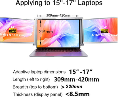 Dual Extender Screen, Laptop Screen Extender, Triple Display Laptop Monitor Extender, with Retractable Stand for 15-17 Inch Laptops(S400) - QUORE
