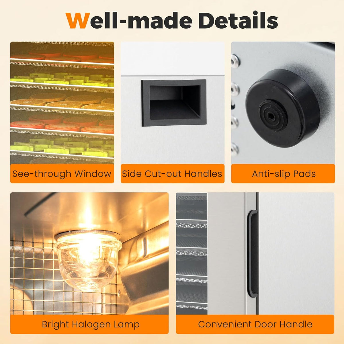 FANTASK 850 W voedseldroger roestvrij staal, voedseldehydrator met 8 vakken, dehydrator met 48 uur timer en temperatuurregelaar van 35 tot 75 °C, dehydrator voor levensmiddelen, vlees, vruchten