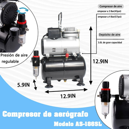 ABEST Airbrush Compressorkit: luchtslang, airbrush-houder, minifilter, double action-mechanisme voor nail art, tijdelijke tatoeages, hobby-1 schildergereedschap