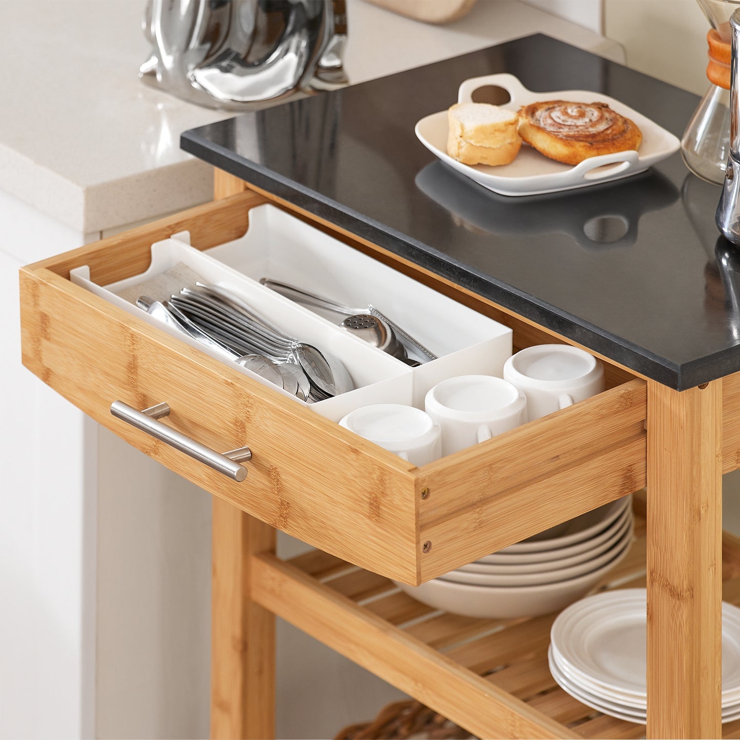 Serveerwagen – Keukentrolley – Rollende Kar – Serveertrolley – Keukenwagen – Bamboe Materiaal – Granieten Werkblad – 58x85x40 cm
