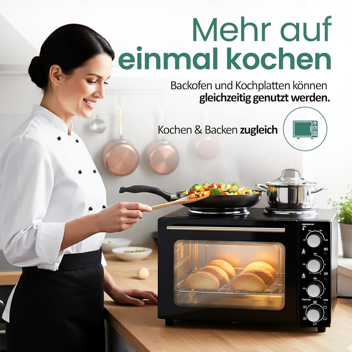 EMERIO MO-125236.4 Oven met 32 liter + 2 kookplaten | hete lucht + boven-/onderwarmte | timer + temperatuurregelaar | incl. bakplaat & grillrooster | compacte tafeloven voor pizza, broodjes