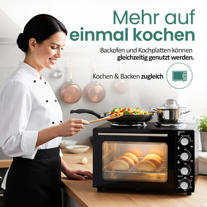 EMERIO MO-125236.4 Oven met 32 liter + 2 kookplaten | hete lucht + boven-/onderwarmte | timer + temperatuurregelaar | incl. bakplaat & grillrooster | compacte tafeloven voor pizza, broodjes