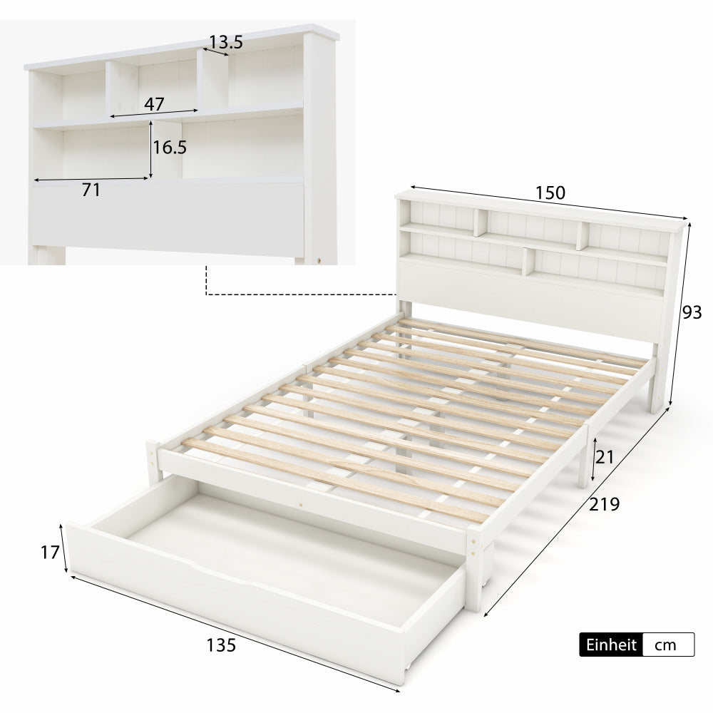 Beddenkasten – Bed Met Opbergruimte – Tweepersoonsbed – Ledikant – Slaapbank – Wit Modern Tweepersoonsbed 140x200 cm – Opberglades Onder Bed – Hoofdbord Met 6 Vakken