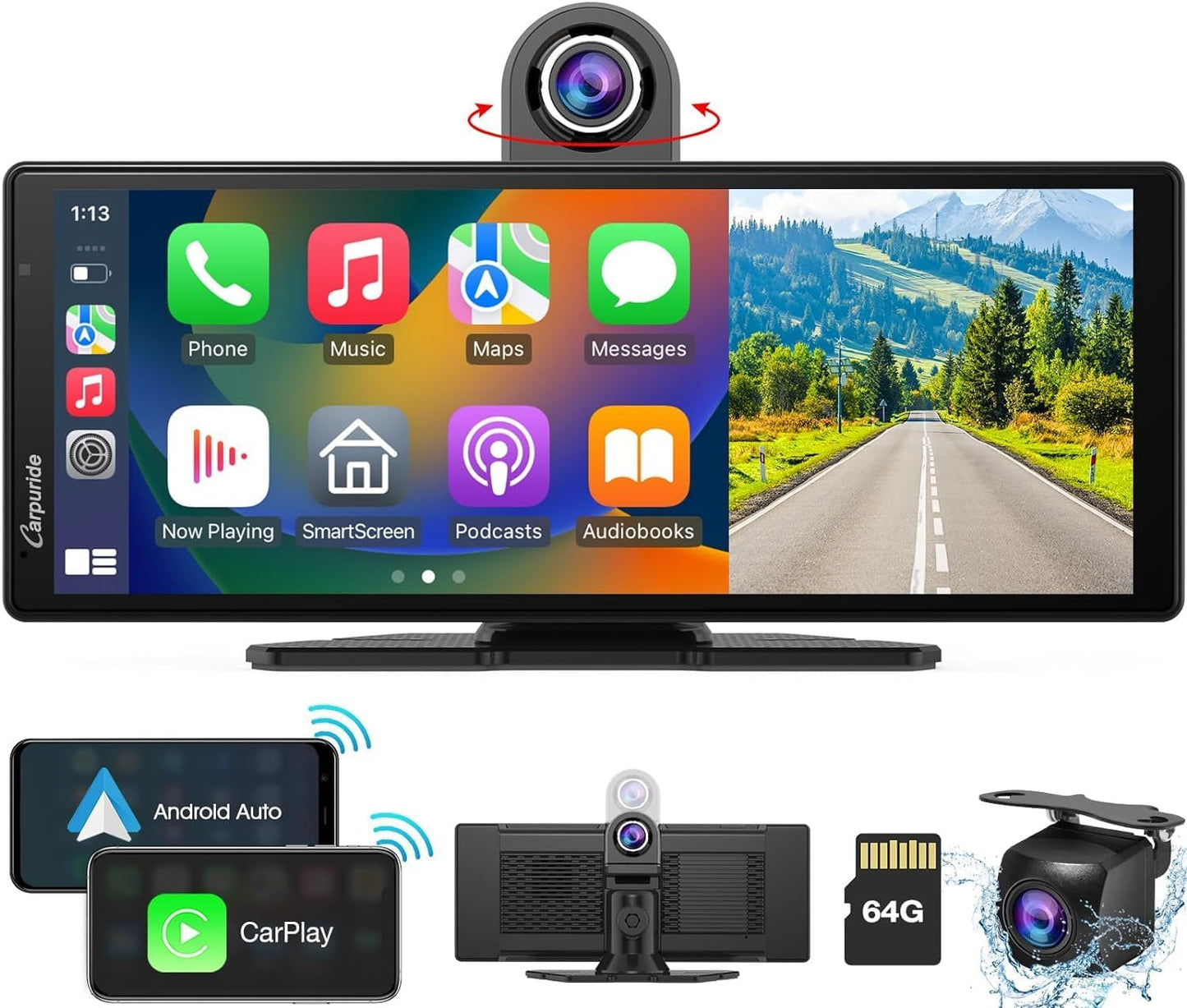 Autoradio Draadloze CarPlay – Android Auto Autoradio – Multimedia Systeem – Auto Entertainment – 9,3 Inch IPS Touchscreen – 4K Draaibare Dashcam & Achteruitrijcamera