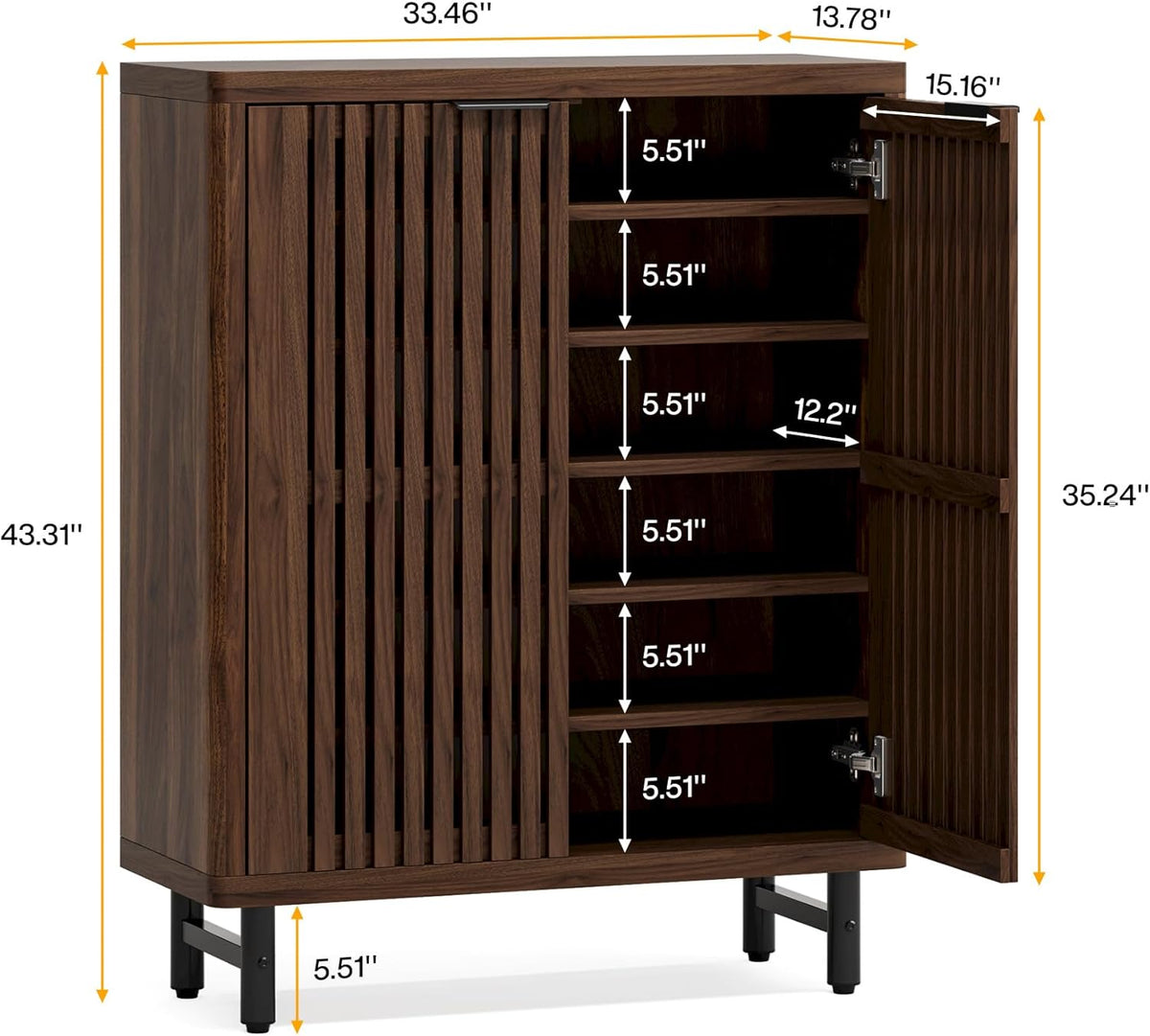 Tribesigns 6 Tier Shoe Cabinet with Shutter Doors, Large Wooden Shoe Storage Cabinet with Adjustable Shelves, Farmhouse Freestanding Shoe Organizer for Entrance, Hallway, Dark Walnut