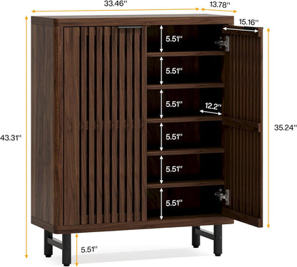 Tribesigns 6 Tier Shoe Cabinet with Shutter Doors, Large Wooden Shoe Storage Cabinet with Adjustable Shelves, Farmhouse Freestanding Shoe Organizer for Entrance, Hallway, Dark Walnut
