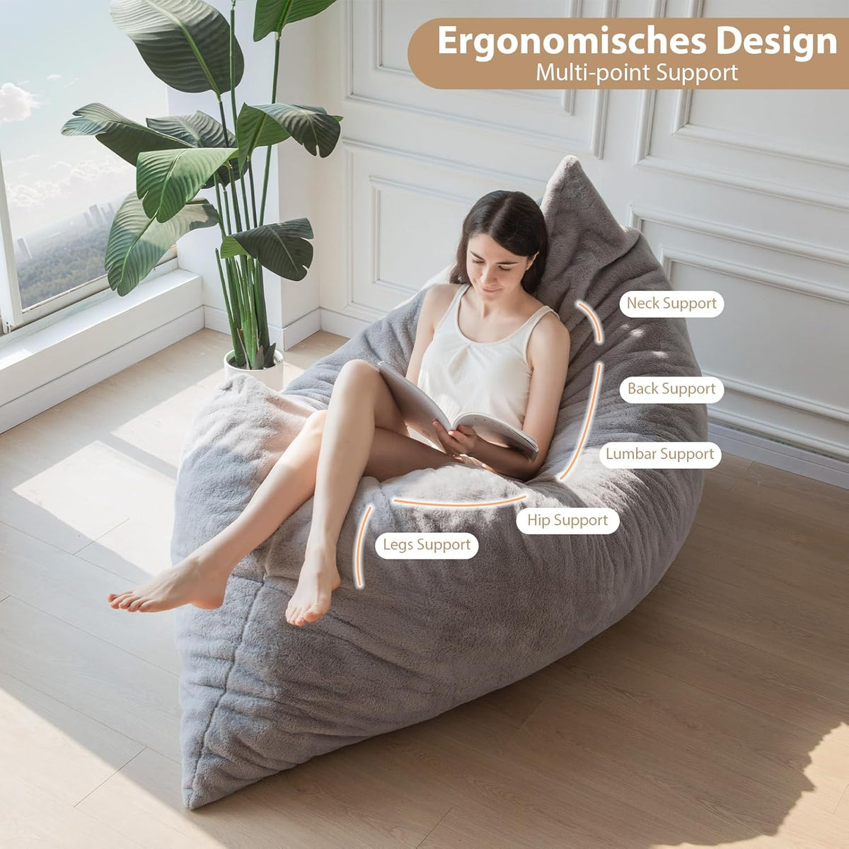 MAXYOYO Huge Bean Bag Bed, Square Bean Bag Chair, Large Sofa with Plush Cover and Fluffy Filling for Adults Couples Guests (Grey, 135x190cm)
