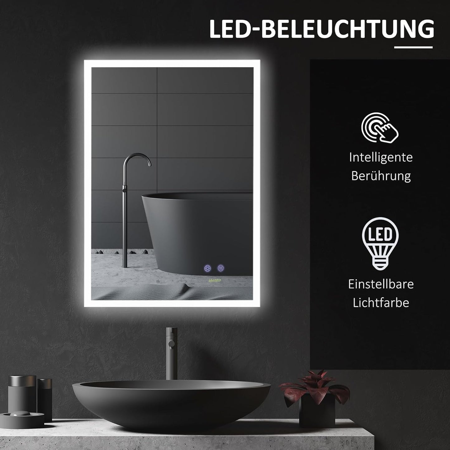 Badkamerspiegel – Wandspiegel – LED Spiegel – Anti-Condens Spiegel – Verlichte Spiegel – Dimbaar – Aluminium – 70x50 cm - QUORE