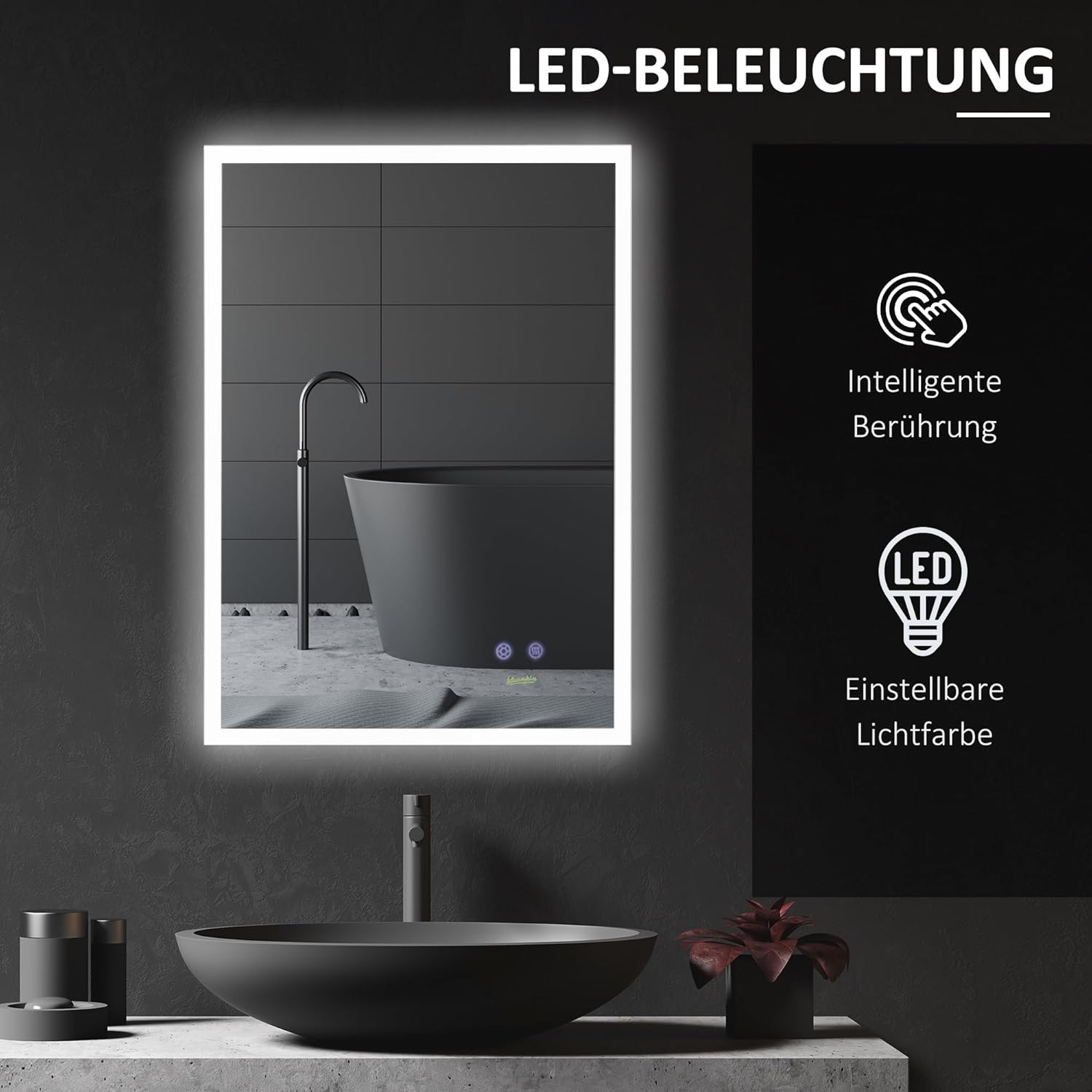 Badkamerspiegel – Wandspiegel – LED Spiegel – Anti-Condens Spiegel – Verlichte Spiegel – Dimbaar – Aluminium – 70x50 cm - QUORE
